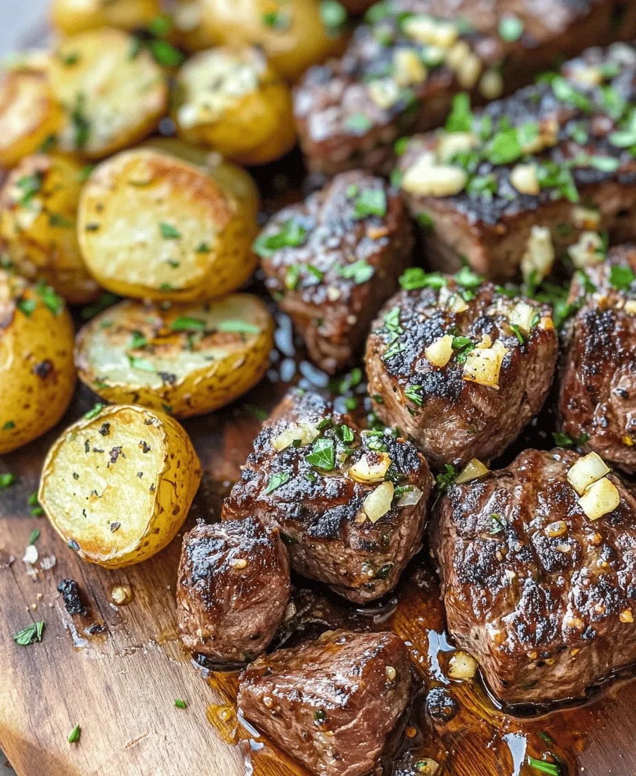 When it comes to quick yet satisfying meals, <strong>Sizzling Garlic Butter Steak Bites & Golden Potatoes</strong> reign supreme. This dish perfectly captures the essence of comfort food, combining tender, savory steak bites with crispy, golden potatoes that are bursting with flavor. Whether you’re cooking for a weeknight dinner or hosting a weekend gathering, this recipe is sure to impress both family and friends alike.” /></p>
</p>
<h3>Seasoning the Steak and Temperature Importance</h3>
</p>
<p>When preparing your sizzling garlic butter steak bites, the seasoning is crucial for enhancing the natural flavors of the beef. Start with a generous coating of salt and freshly cracked black pepper. The salt not only seasons the meat but also helps to form a delicious crust during cooking. If you’re feeling adventurous, consider adding garlic powder, onion powder, or smoked paprika for an extra layer of flavor.</p>
</p>
<p>Temperature plays a vital role in cooking steak bites. For the best results, allow your steak to come to room temperature before cooking. This ensures even cooking throughout and prevents the meat from becoming tough. Aim for a pan temperature of around 400°F (200°C) to achieve that perfect sear. A hot pan will lock in the juices and create a beautiful caramelized exterior, while maintaining a tender interior.</p>
</p>
<h3>Tips for Achieving the Desired Doneness</h3>
</p>
<p>Achieving your desired doneness—be it rare, medium, or well-done—requires careful attention. Thinly cut steak bites cook rapidly, so keep a close eye on them. Here’s a simple guide for doneness based on internal temperature:</p>
</p>
<p>– <strong>Rare</strong>: 125°F (52°C)</p>
<p>– <strong>Medium Rare</strong>: 135°F (57°C)</p>
<p>– <strong>Medium</strong>: 145°F (63°C)</p>
<p>– <strong>Medium Well</strong>: 150°F (66°C)</p>
<p>– <strong>Well Done</strong>: 160°F (71°C)</p>
</p>
<p>Use an instant-read meat thermometer to check the internal temperature accurately. To avoid overcrowding the pan, cook the steak bites in batches if necessary. Overcrowding can lead to steaming rather than searing, resulting in a less flavorful product. A single layer in the pan allows for better heat distribution and a nice golden crust.</p>
</p>
<h3>Bringing it All Together</h3>
</p>
<p>Once your steak bites are cooked to perfection, remove them from the pan and set them aside to rest. This step is vital as it allows the juices to redistribute throughout the meat, ensuring each bite is tender and juicy.</p>
</p>
<p>In the same pan, add a generous amount of unsalted butter—about 4 tablespoons. Allow it to melt and bubble, then add minced garlic (about 4-5 cloves) to the butter. Sauté the garlic until it turns golden and fragrant, which only takes about 30 seconds. Be careful not to burn it, as burnt garlic can turn bitter.</p>
</p>
<p>Return the steak bites to the pan, tossing them in the garlic butter until they are well-coated. This final step infuses the meat with rich, savory flavors that are simply irresistible.</p>
</p>
<h3>Presentation Tips</h3>
</p>
<p>To serve your sizzling garlic butter steak bites attractively, consider plating them on a large wooden board or a stylish platter. Arrange the golden potatoes alongside the steak bites for a beautiful contrast of colors and textures. Drizzle any remaining garlic butter from the pan over the dish for added flavor and shine.</p>
</p>
<p>For an elevated presentation, garnish with freshly chopped parsley or thyme. A sprinkle of coarse sea salt just before serving enhances the dish’s visual appeal and adds a delightful crunch.</p>
</p>
<h3>Flavor Profile and Serving Suggestions</h3>
</p>
<p>The flavor balance of this dish is a delightful combination of savory, buttery, and herby notes. The rich garlic butter complements the beef’s natural umami, while the crispy golden potatoes add a satisfying crunch. The freshness of herbs like parsley or thyme brightens the dish, making it a comforting yet sophisticated meal.</p>
</p>
<p>When it comes to side dishes or pairings, consider a refreshing arugula salad dressed in lemon vinaigrette to cut through the richness of the steak and potatoes. A tangy chimichurri sauce or a creamy horseradish sauce would also pair beautifully, adding an extra punch of flavor. For beverages, a full-bodied red wine, such as a Cabernet Sauvignon or Malbec, complements the richness of the steak, while a crisp lager or pale ale can offer a refreshing contrast.</p>
</p>
<h3>Nutritional Information</h3>
</p>
<p>This dish is not only delicious but also nutritionally balanced. A serving of steak provides ample protein, essential for muscle repair and growth, while the potatoes offer carbohydrates for energy. Additionally, potatoes are a good source of vitamin C, potassium, and dietary fiber, making them a wholesome side.</p>
</p>
<p>When considering dietary aspects, be mindful of portion sizes, especially with butter. While it adds incredible flavor, moderation is key for those watching their calorie intake. You can also opt for lighter butter alternatives or use less butter in the recipe without sacrificing too much flavor.</p>
</p>
<h3>Tips for Customization</h3>
</p>
<p>One of the best things about this recipe is its versatility. If you’re looking to switch things up, consider using different cuts of steak such as sirloin, ribeye, or even flank steak for varying textures and flavors. Alternatively, if you’re cooking for someone who prefers a leaner option, chicken breast or shrimp could be delicious substitutes.</p>
</p>
<p>For a more balanced meal, feel free to incorporate vegetables. Bell peppers, zucchini, or asparagus can be sautéed alongside the steak bites and potatoes for added color and nutrients.</p>
</p>
<p>Experimenting with different herbs and spices can also yield exciting results. Fresh rosemary or thyme can add a fragrant touch, while a dash of cayenne pepper or chili flakes can introduce some heat.</p>
</p>
<h3>Conclusion</h3>
</p>
<p>Sizzling garlic butter steak bites paired with golden potatoes create a dish that is not only mouthwatering but also adaptable for various occasions—from casual weeknight dinners to special gatherings. The combination of tender, juicy steak and crispy potatoes, all enveloped in aromatic garlic butter, makes for a comforting yet elegant meal that is sure to impress.</p>
</p>
<p>We encourage you to try this recipe and savor the incredible flavors of garlic butter steak bites. Whether you’re cooking for family or entertaining friends, the joy of creating and sharing homemade meals is unbeatable. So gather your ingredients, fire up your pan, and enjoy the delightful experience of cooking and dining with loved ones.</p>
<div id=