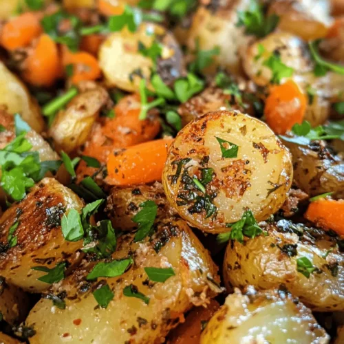 Garlic Herb Roasted Potatoes, Carrots & Zucchini is more than just a side dish; it’s a celebration of flavor and nutrition that can elevate any meal. This colorful medley of vegetables brings together the earthy richness of baby potatoes, the sweet crunch of carrots, and the tender freshness of zucchini, all enhanced by aromatic garlic and a blend of herbs. This dish is perfect for busy weeknights when you need something simple yet satisfying, or as a crowd-pleasing accompaniment at gatherings and festive dinners.