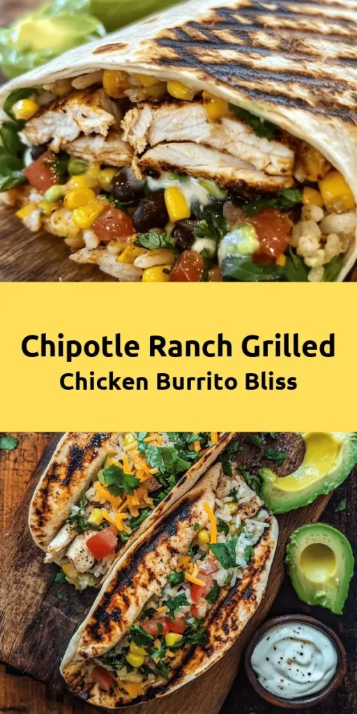 Whip up a delicious Easy Chipotle Ranch Grilled Chicken Burrito that's bursting with flavor! This recipe features marinated grilled chicken, rice, black beans, corn, and cheese, all wrapped in warm tortillas. Perfect for a quick lunch or dinner, these burritos can be toasted for an extra crispy finish. Serve with avocado and sour cream for a tasty twist. A family-friendly meal ready in just 40 minutes!