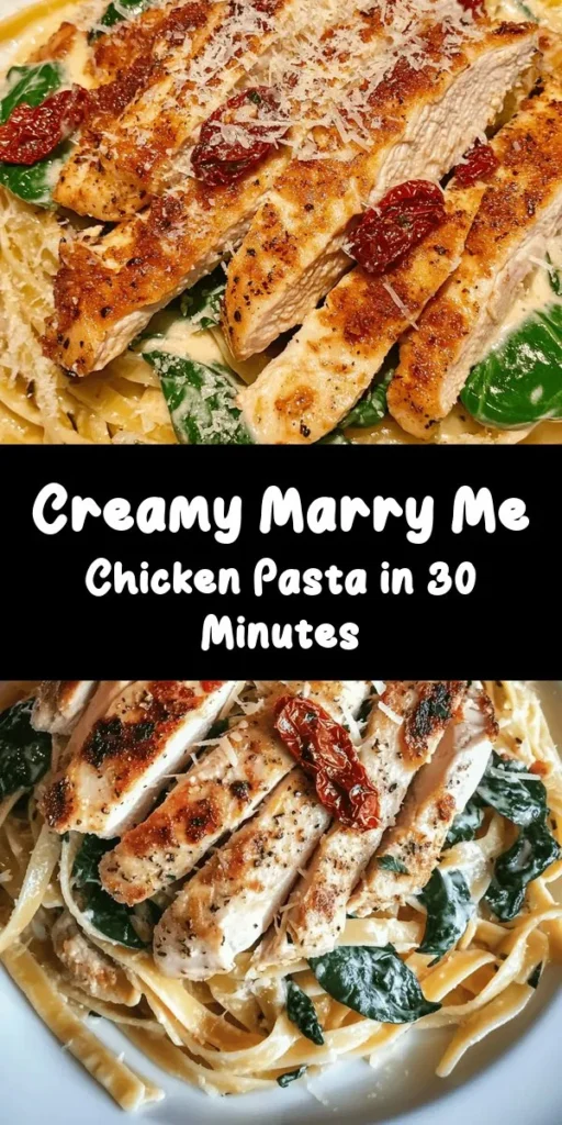 Indulge in the creamy deliciousness of Marry Me Chicken Pasta! This effortless dish features tender chicken, fettuccine, and a rich sauce made with sun-dried tomatoes, spinach, and Parmesan cheese. Ready in just 30 minutes, it’s perfect for a romantic dinner or a weeknight treat. Garnish with fresh basil for the final touch. Try this recipe that’s sure to impress your loved ones and keep them coming back for more!