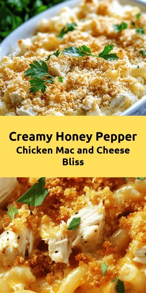 Indulge in the ultimate comfort food with this Creamy Honey Pepper Chicken Mac and Cheese Delight! This easy recipe combines al dente elbow macaroni, tender diced chicken, and a luscious cheese sauce made with cream cheese, cheddar, and mozzarella, all sweetened with honey and spiced with black pepper. Topped with crunchy breadcrumbs and baked to perfection, it’s a cozy meal the whole family will love. Perfect for weeknight dinners or gatherings!