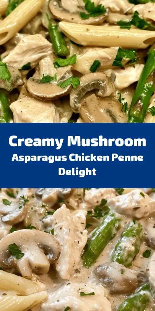 Indulge in this creamy mushroom and asparagus chicken penne, a quick and delicious pasta dish perfect for any weeknight dinner. Tender penne pasta is tossed with diced chicken breast, fresh asparagus, and earthy mushrooms in a rich, creamy sauce flavored with garlic, thyme, and Parmesan cheese. Ready in just 35 minutes, this recipe serves four and is sure to impress your family and friends. Garnish with parsley for an extra touch and enjoy! 🍝🍄