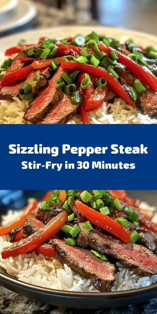 Indulge in the deliciousness of Sizzling Pepper Steak with Onions! This easy stir-fry brings together tender beef flank steak, colorful bell peppers, and aromatic garlic and ginger for a quick and tasty meal. Ready in just 30 minutes, it's perfect for busy weeknights. Serve it over fluffy jasmine rice and garnish with fresh green onions for an extra touch. Your taste buds will thank you for this flavorful dish!