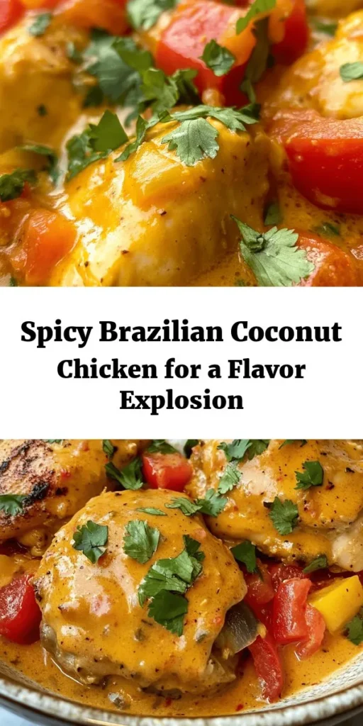 Discover the vibrant flavors of Brazil with this Spicy Brazilian Coconut Chicken recipe! Made with tender chicken thighs marinated in coconut milk and lime juice, this dish is a delightful blend of spices, fresh veggies, and aromatic ingredients like ginger and garlic. Perfect for a weeknight dinner or a special gathering, serve it over rice or with crusty bread to soak up the delicious sauce. Garnish with fresh cilantro for a burst of freshness! Enjoy this culinary adventure!