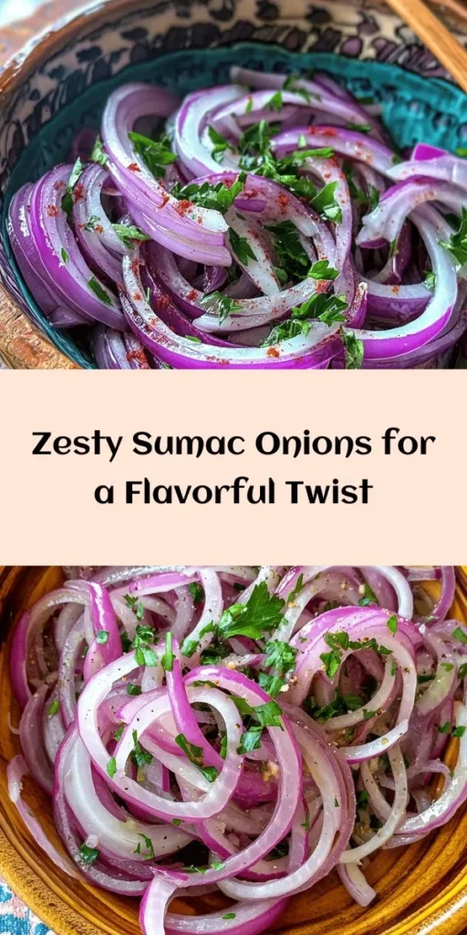 Elevate your meals with these Zesty Sumac Onions! This simple recipe combines thinly sliced red onions marinated in a tangy blend of olive oil, sumac, apple cider vinegar, and honey for a burst of flavor. Perfect as a topping for grilled meats or a fresh addition to salads and mezze platters. Let them marinate for extra flavor and finish with a sprinkle of fresh parsley. Easy to prepare in just 10 minutes, it's a fantastic side dish that complements any meal!