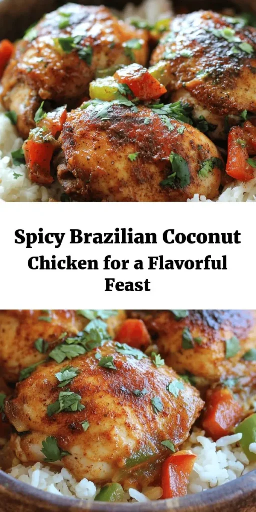 Discover a delicious journey to Brazil with this Spicy Brazilian Coconut Chicken recipe! Tender chicken thighs are marinated in a flavorful blend of coconut milk, garlic, ginger, and a kick of spicy pepper sauce, then sautéed with vibrant bell peppers. Simmered to perfection, this dish is served over fluffy white rice and garnished with fresh cilantro and lime for an irresistible meal. Perfect for spice lovers and a great way to impress at dinner!