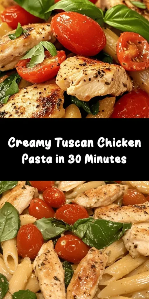 Savor the flavors of Italy with this Easy Tuscan Chicken Pasta! This creamy, delicious dish combines tender penne pasta with seasoned chicken, fresh cherry tomatoes, and vibrant baby spinach, all enrobed in a rich garlic and Parmesan sauce. It's quick to prepare, taking just 40 minutes from start to finish, making it perfect for weeknight dinners. Garnish with fresh basil for an authentic touch and enjoy a delightful meal the whole family will love!