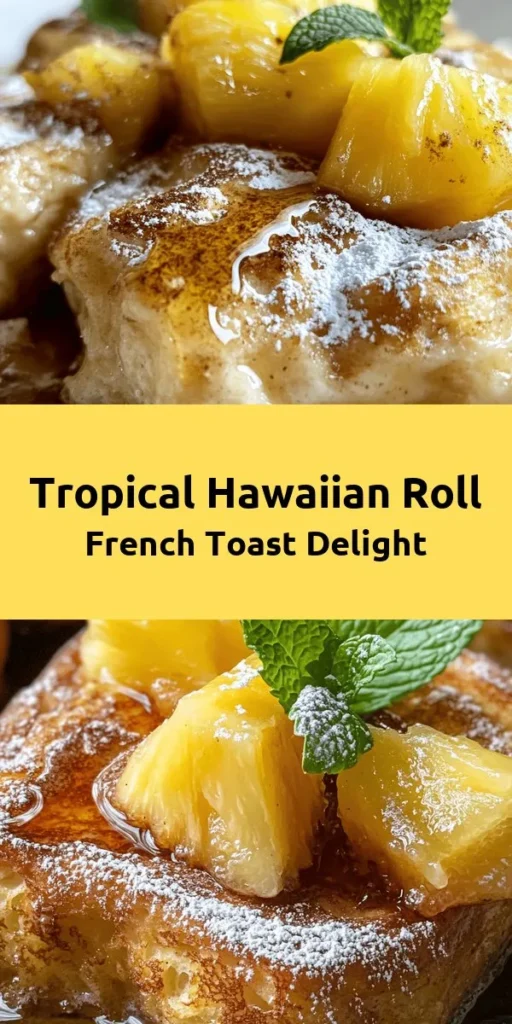 Indulge in the sweet taste of the tropics with this easy Hawaiian Roll French Toast recipe! Made with fluffy Hawaiian rolls, creamy eggs, and a hint of cinnamon, this dish is perfect for breakfast or brunch. Serve it warm, topped with fresh pineapple slices, a drizzle of maple syrup, and a sprinkle of powdered sugar for added sweetness. Garnished with mint leaves, it's a delightful treat that will transport you straight to paradise with every bite!