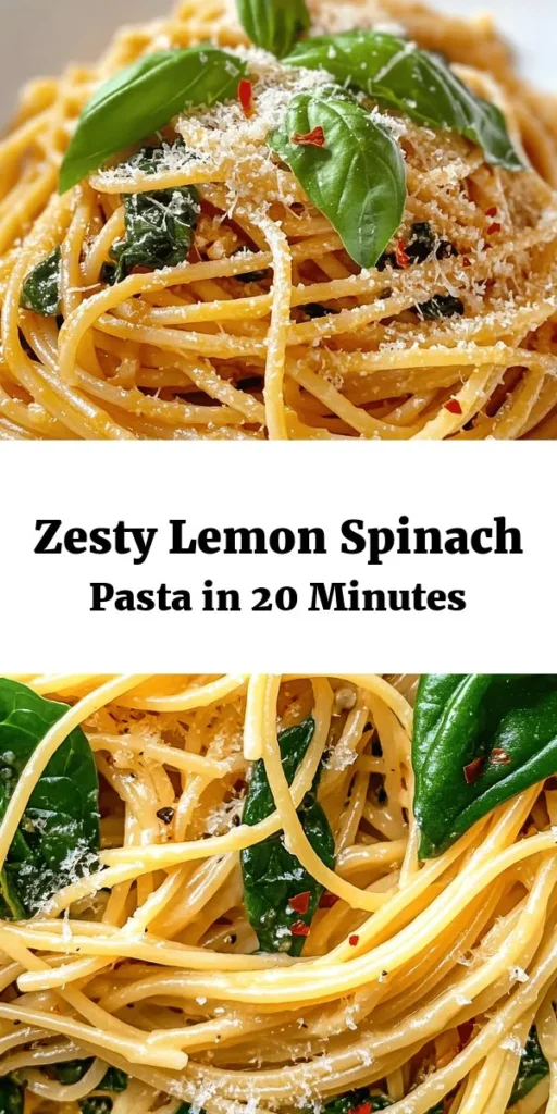 Whip up a light and zesty meal with this Lemon Spinach Pasta recipe! This easy dish combines fresh spinach, garlic, and a burst of lemon flavor with al dente spaghetti or linguine, all topped with Parmesan cheese and fresh basil. Perfect for a quick weeknight dinner or a refreshing lunch, it's ready in just 20 minutes. Add a pinch of red pepper flakes for a little kick! Perfect for pasta lovers looking for something vibrant and delicious.