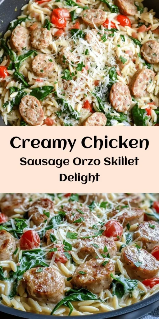 Indulge in the delicious flavors of this Creamy Chicken Sausage Orzo Skillet! This one-pan meal combines savory chicken sausage, tender orzo pasta, and vibrant veggies, all simmered together in a rich cream sauce. Perfect for a busy weeknight, it’s ready in just 30 minutes. Topped with grated Parmesan and fresh parsley, it’s sure to become a family favorite. Try this easy-to-make dish and enjoy a hearty dinner tonight!
