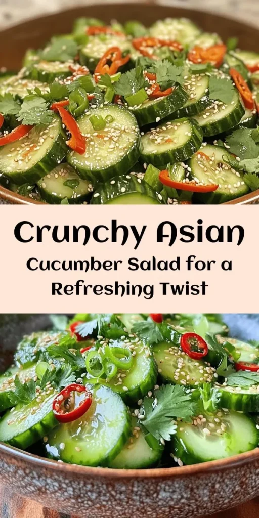 Brighten up your meal with this crunchy and zesty Asian cucumber salad! Made with fresh English cucumbers, fragrant ginger, and a tangy dressing of rice vinegar and soy sauce, this refreshing dish is perfect as a side or light appetizer. Toss in chopped cilantro and green onions for extra flavor, and don't forget the sesame seeds for a delightful finish. Chill for at least 15 minutes to let the flavors shine. Enjoy this easy recipe that’s both healthy and delicious!