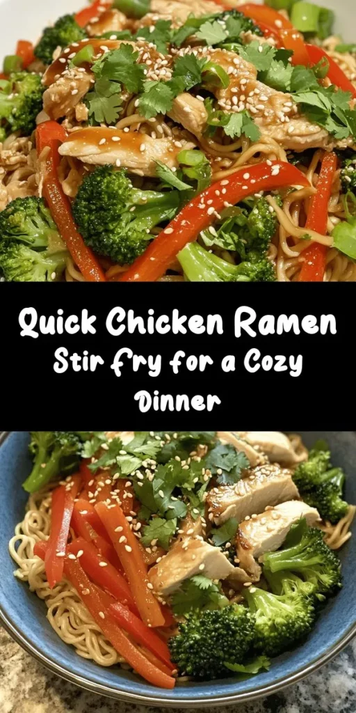 Looking for a quick and delicious meal? Try this Chicken Ramen Stir Fry Delight! Packed with tender chicken, vibrant veggies, and instant ramen noodles, this recipe comes together in just 30 minutes. With a delightful stir-fry of broccoli, bell pepper, and carrot, it's bursting with flavor from garlic and ginger, topped off with soy sauce and sesame oil. Perfect for a weeknight dinner, this dish serves 4 and is sure to please everyone at the table!