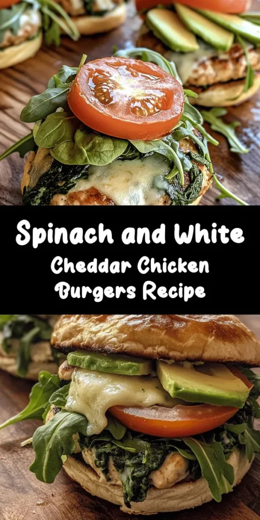Satisfy your cravings with these delicious White Cheddar and Spinach Chicken Burgers! Made with juicy ground chicken, fresh spinach, and melted white cheddar, these flavorful patties are nutritious and easy to prepare. Perfect for a weeknight dinner, they come together in just 30 minutes. Serve them on toasted buns with fresh arugula, juicy tomatoes, and creamy avocado for an irresistible meal. Your taste buds will thank you!