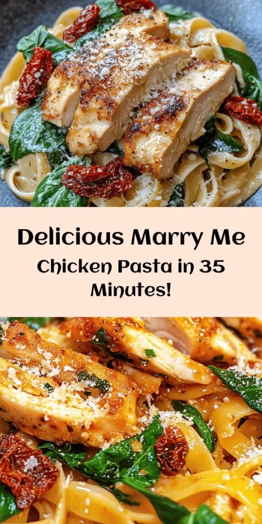 Indulge in the deliciousness of this Marry Me Chicken Pasta recipe! Perfectly seasoned chicken breasts are sautéed to golden perfection, then combined with a creamy sauce featuring sun-dried tomatoes and fresh spinach. Tossed with fettuccine and topped with Parmesan and basil, this dish is not only easy to make but also a sure way to impress. Ready in just 35 minutes, it’s ideal for date nights or any special occasion when you want to wow your loved ones!