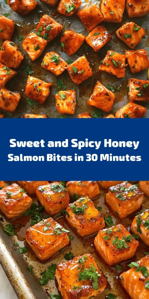 Savor the delicious combination of flavors with these Spicy Sweet Hot Honey Salmon Bites! Perfect for an appetizer or main dish, these bite-sized pieces of salmon are marinated in a zesty mix of hot honey, soy sauce, garlic, and spices before being baked to perfection. With a prep time of just 15 minutes, this easy recipe is a must-try for any seafood lover. Serve with lemon wedges for an added zing and enjoy a delightful culinary experience!