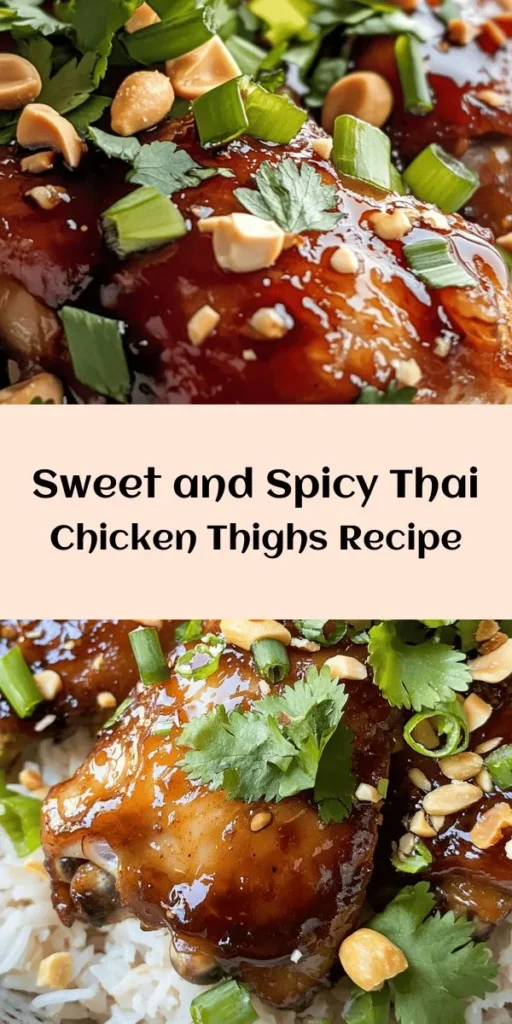 Indulge in a flavor-packed meal with this Sweet & Spicy Thai Chicken recipe! Perfectly marinated chicken thighs are seared to golden perfection and glazed with a deliciously rich sauce made from soy sauce, honey, and red curry paste. Garnished with fresh cilantro, green onions, and optional peanuts, this dish is best served over steamed jasmine rice or rice noodles. A delightful combination of sweet and spicy that will impress your family and friends!