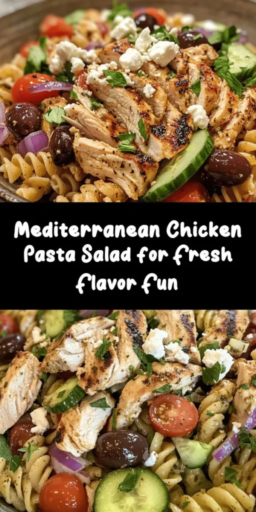 Looking for a refreshing meal that's perfect for any occasion? Try this Mediterranean Chicken Pasta Salad! Packed with rotini pasta, juicy chicken, and vibrant veggies like cherry tomatoes and cucumber, it's bursting with flavor. Tossed in a tangy balsamic dressing and finished with feta cheese and olives, this dish is both nutritious and satisfying. Ideal for potlucks or a light dinner, it can be served chilled or at room temperature. Enjoy this easy, delicious recipe today!