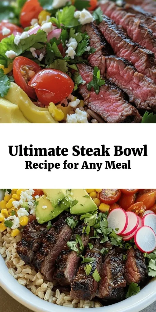 Elevate your meal prep with this delicious Ultimate Steak Bowl! Packed with grilled steak, nutritious brown rice or quinoa, vibrant cherry tomatoes, creamy avocado, and fresh greens, this bowl is perfect for any occasion. Marinated with garlic and smoked paprika for extra flavor, it’s a complete meal that’s easy to assemble. Top it off with your favorite extras like feta or hot sauce for a personalized touch. Enjoy a healthy, hearty dish that’s sure to impress!