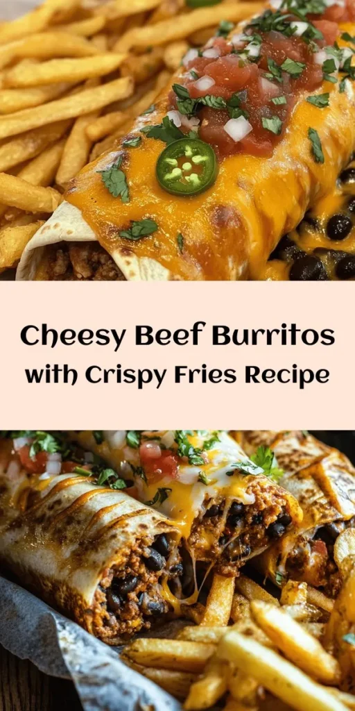 Get ready to indulge in these Cheesy Beef Burritos with Crispy Fries! Packed with ground beef, black beans, and a delicious blend of cheeses, these burritos are a flavor explosion in every bite. Serve them with perfectly baked fries for a satisfying meal. Perfect for family dinners or a tasty meal prep option, this recipe is easy to make and customizable with toppings like sour cream and guacamole. Enjoy the ultimate comfort food experience!