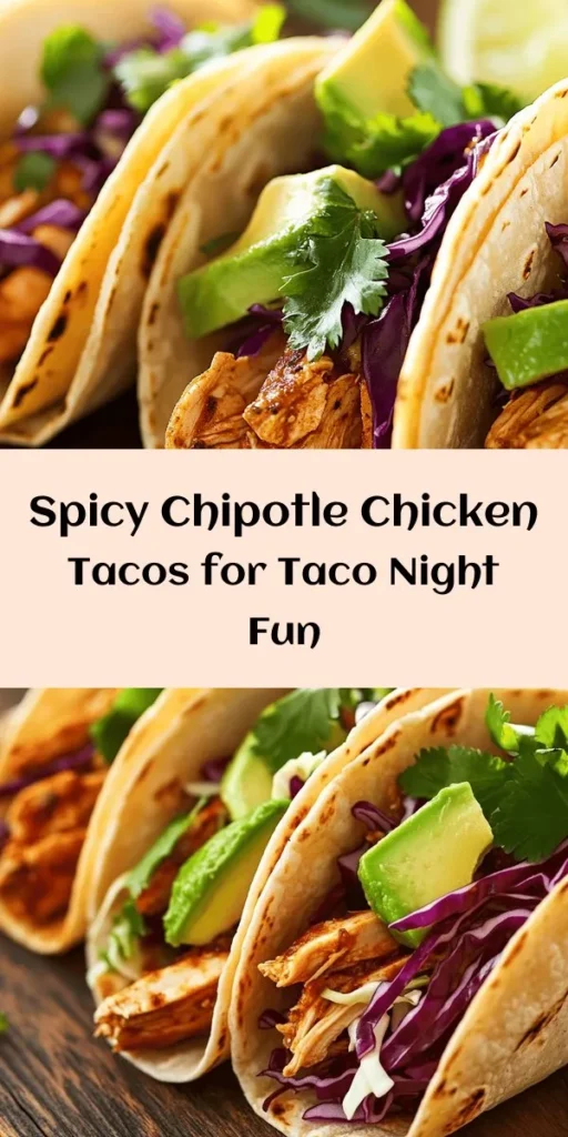 Elevate your taco night with these spicy chipotle chicken tacos! Tender chicken thighs are marinated in a smoky chipotle blend and cooked to perfection. Simply layer the sliced chicken on warm corn tortillas, add crunchy cabbage and creamy avocado, then finish with fresh cilantro and lime for a burst of flavor. Perfect for a quick weeknight meal or a weekend get-together, this recipe is easy to make and sure to impress! Enjoy in just 30 minutes!