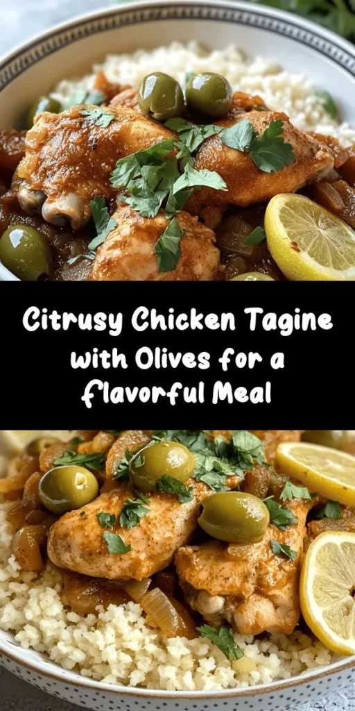 Discover the vibrant flavors of this Citrusy Chicken Tagine with Olives and Lemons! Perfect for a cozy dinner, this dish combines succulent chicken thighs with aromatic spices, tender green olives, and zesty preserved lemon. With a sprinkle of fresh cilantro and served over fluffy couscous or rice, it’s a delightful one-pot wonder that transports your taste buds to the heart of Morocco. Easy to make and packed with flavor, this recipe is sure to impress your family and friends!