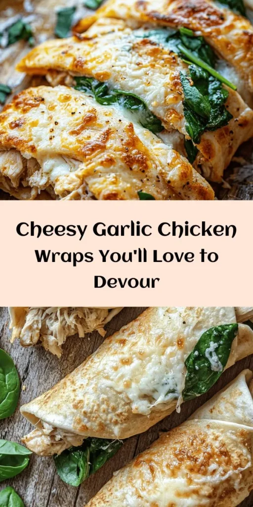 Indulge in these Cheesy Garlic Chicken Wraps, a perfect blend of flavors that's easy to prepare and even easier to devour! Featuring shredded chicken, creamy mozzarella, and a hint of garlic, these wraps are baked to golden perfection. Ideal for a quick dinner or a delicious lunch, pair them with your favorite dipping sauce or a fresh side salad. With just 35 minutes from start to finish, this recipe is sure to become a family favorite!