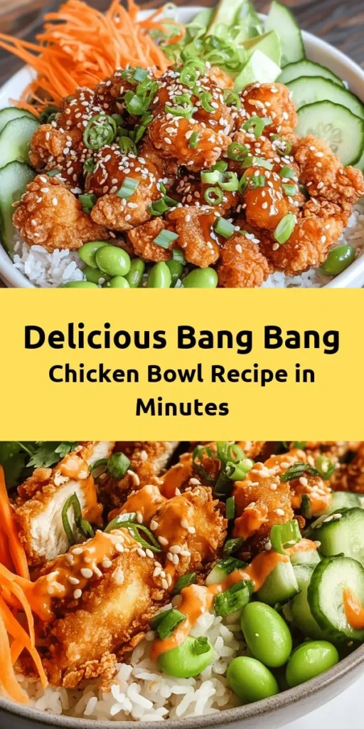 Indulge in this delicious Bang Bang Chicken Bowl that combines crispy fried chicken with fresh veggies and jasmine rice for a perfect meal! The chicken is breaded and fried to golden perfection, then topped with a creamy, spicy Bang Bang sauce made from mayonnaise, sweet chili sauce, and sriracha. Garnish with green onions and cilantro for a burst of flavor. This recipe is quick to prepare and perfect for any night of the week. Enjoy!
