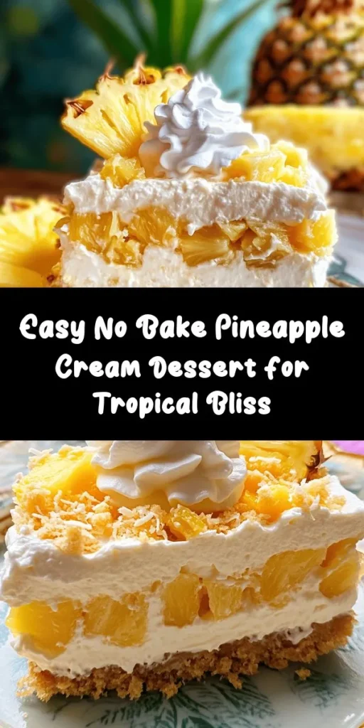 Indulge in a burst of tropical flavors with this easy No Bake Pineapple Cream Dessert! Perfect for warm days, this refreshing treat combines creamy layers of whipped cream and cream cheese with sweet crushed pineapple, topped with a crunchy graham cracker and coconut base. It's simple to make and requires no baking! Chill it for a few hours to let the flavors meld, then garnish with fresh pineapple and whipped cream. A deliciously light dessert that everyone will love!
