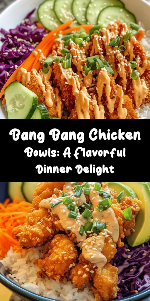 Get ready for a flavor explosion with these Bang Bang Chicken Bowls! This easy recipe features tender, crispy chicken pieces marinated in buttermilk and coated in a delicious seasoned flour blend. Served over a bed of fluffy jasmine rice or quinoa, topped with fresh veggies like cucumber, carrots, and avocado, and drizzled with a creamy, spicy Bang Bang sauce, this dish is perfect for a satisfying meal any night of the week. Enjoy every bite!