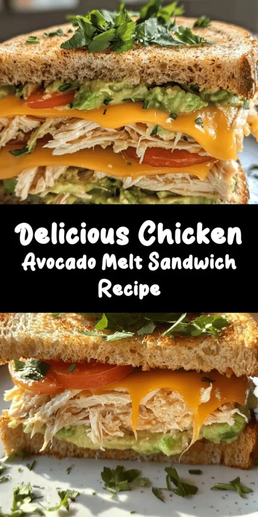 Savor the deliciousness of this Chicken Avocado Melt Sandwich! For a quick and satisfying meal, combine shredded chicken with creamy avocado, lime juice, and spices for a flavorful filling. Stack it with fresh tomato and cheddar cheese between whole grain bread, then grill to perfection. This easy recipe takes just 20 minutes and is perfect for lunch or dinner. Enjoy a warm bite of comfort today! 🍗🥑