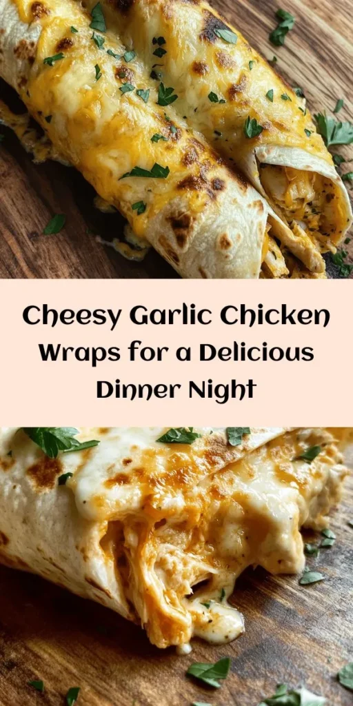 Indulge in these cheesy garlic chicken wraps that are bursting with flavor! Perfect for a quick and delicious meal, they combine shredded chicken, cream cheese, and savory spices all wrapped up in warm tortillas. Cooked to a golden crisp, these wraps are sure to please everyone at the table. Customize with optional hot sauce for a spicy twist. Quick to prepare, these wraps are a go-to for busy nights! Give them a try for dinner! 🍽️🥙