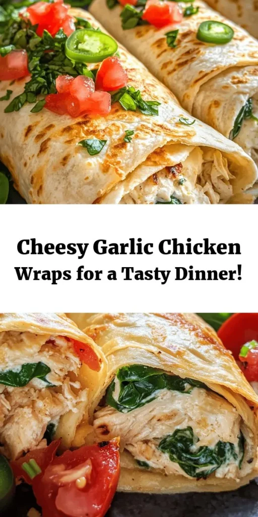 Savor the flavors of these Cheesy Garlic Chicken Wraps, packed with creamy cheese, tender chicken, and fresh veggies! A quick and easy recipe made with just a few ingredients, these wraps are perfect for a delicious lunch or dinner. Simply mix your cooked chicken with cream cheese, garlic, and spices, then roll it all up in a tortilla with spinach and tomatoes. Cook until golden brown for a crispy finish—serve with your favorite dipping sauce for the ultimate meal!