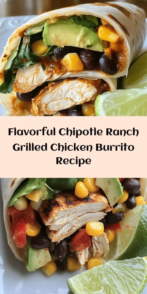 Spice up your meal with this Easy Chipotle Ranch Grilled Chicken Burrito! Packed with marinated grilled chicken, brown rice, black beans, corn, and cheese, each bite is bursting with flavor. Perfect for lunch or dinner, simply grill the chicken, toss it with your favorite fillings, and wrap it all up in a warm tortilla. Add avocado and fresh cilantro for an extra touch. Quick to make and delicious, this recipe is sure to be a family favorite!