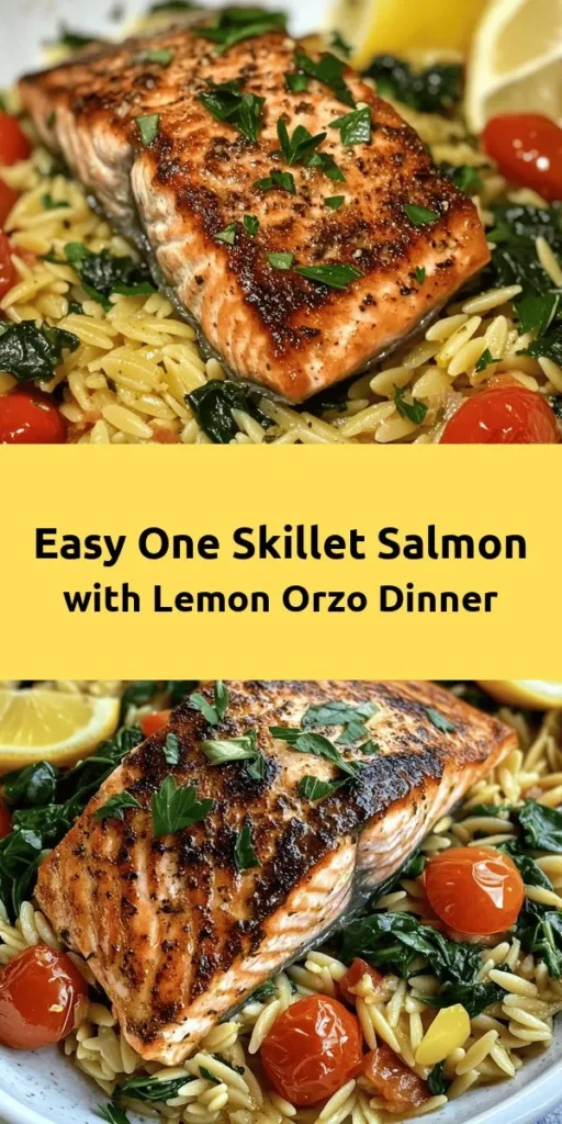 Enjoy a delicious and easy One Skillet Salmon with Lemon Orzo that's perfect for a quick weeknight dinner! This flavorful dish features perfectly seared salmon fillets paired with zesty lemon orzo, garlicky cherry tomatoes, and fresh greens. With a prep time of just 10 minutes, you can have a wholesome meal ready in 30 minutes. Don’t forget to garnish with fresh parsley and serve with lemon wedges for an extra burst of flavor. Dive into this simple yet satisfying recipe today!