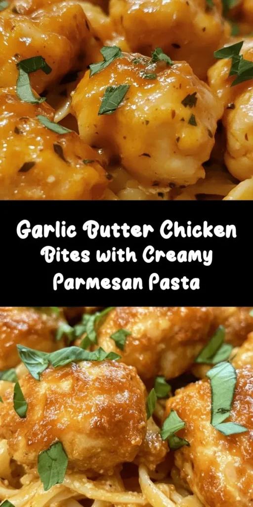 Indulge in this Garlic Butter Chicken Bites with Savory Creamy Parmesan Pasta that's sure to please your taste buds! Tender chicken tossed in a rich garlic butter sauce pairs perfectly with creamy parmesan pasta. This dish is quick and easy to make, taking just 30 minutes from prep to plate. Perfect for a weeknight dinner or a special occasion. Don’t forget to garnish with fresh parsley and basil for an extra touch! 🍗🧄✨