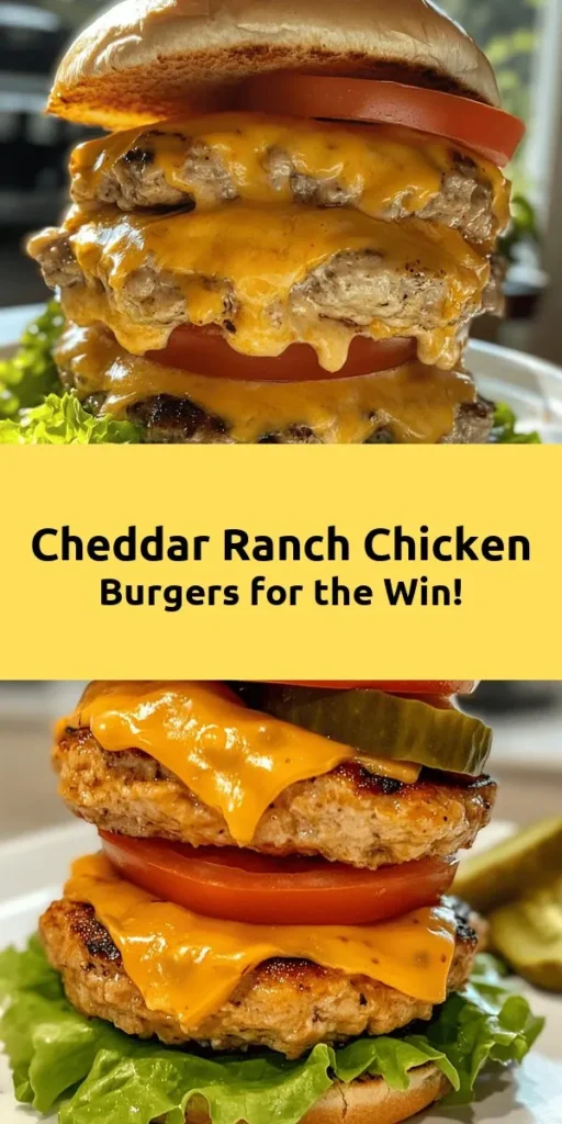 Indulge in these juicy Cheddar Ranch Chicken Burgers that are sure to impress at your next cookout! Made with ground chicken mixed with sharp cheddar cheese, ranch dressing, and flavorful spices, these burgers pack a punch. They cook up quickly on the grill or stovetop, topping off with melted cheese for that gooey goodness. Serve with fresh lettuce, tomatoes, and pickles on toasted buns for a delightful meal in just 25 minutes! Perfect for any burger lover!