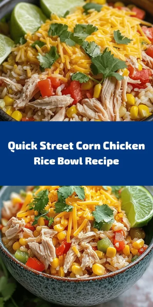 Savor the deliciousness of this Easy Street Corn Chicken Rice Bowl, perfect for a quick weeknight meal! With just a few simple ingredients like cooked rice, sweet corn, tender chicken, and vibrant bell peppers, this dish comes together in about 20 minutes. Topped with melted cheese and fresh cilantro, it’s bursting with flavor. Serve with lime wedges for an extra zing. Quick, tasty, and satisfying for the whole family!