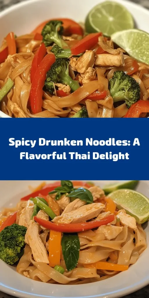 Spice up your dinner with this delicious recipe for Spicy Drunken Noodles! Made with rice noodles, fresh veggies like bell peppers and broccoli, and your choice of chicken or tofu, this dish is packed with flavor. The combination of garlic, Thai chilies, and savory sauces delivers a kick that is truly irresistible. Perfect for a quick weeknight meal, serve it hot with lime wedges for that extra zing. Enjoy a taste of Thailand tonight!
