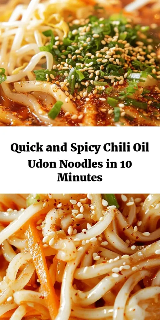 Whip up a delicious bowl of 10-Minute Chili Oil Udon Noodles for a quick and satisfying meal! This easy recipe features tender udon noodles tossed in a flavorful sauce made with chili oil, soy sauce, sesame oil, and fresh garlic and ginger. Add crispy vegetables like carrots and bean sprouts for a crunchy texture. Perfect for a busy weeknight, this dish can be garnished with sesame seeds and fresh cilantro for an extra touch. Enjoy a burst of flavor in just 10 minutes!