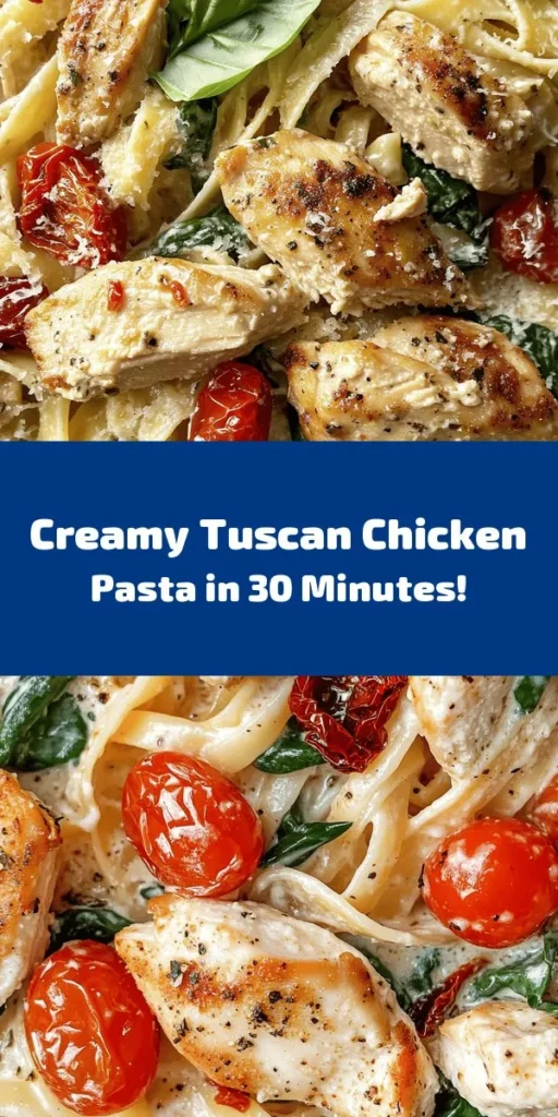 Indulge in the vibrant flavors of Tuscan Chicken Pasta! This creamy dish combines tender chicken, fresh spinach, sun-dried tomatoes, and fettuccine, all enveloped in a rich Parmesan cream sauce. Perfect for a quick weeknight dinner, it takes just 30 minutes to prepare. Serve it with a sprinkle of fresh basil for a delightful touch. Your family will love this comforting and satisfying meal that brings a taste of Italy to your table. Enjoy!