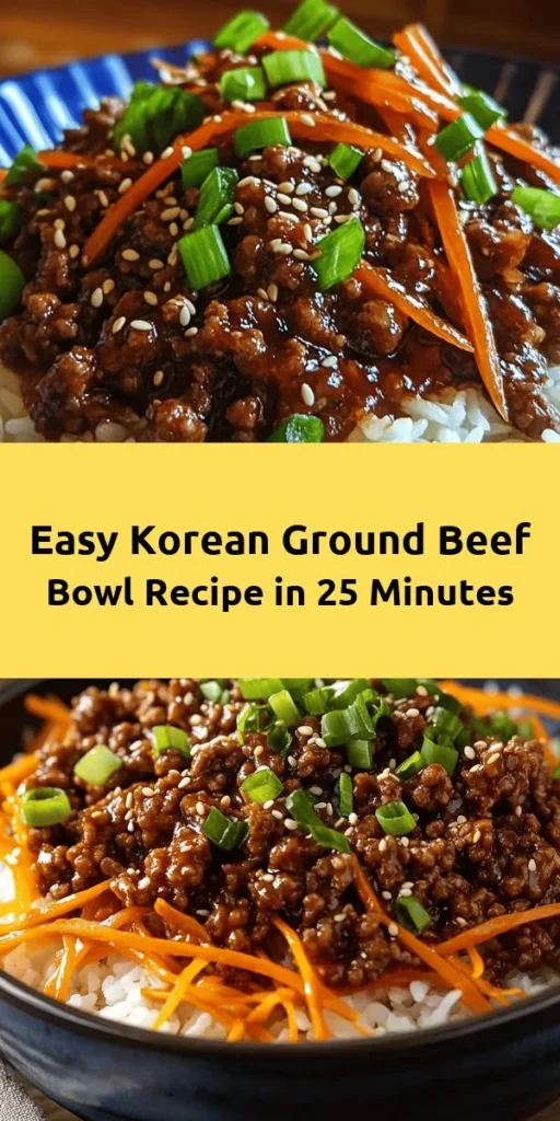 Indulge in a delicious Korean Ground Beef Bowl that's quick and easy to prepare! This savory dish features tender ground beef cooked with aromatic garlic and ginger, bathed in a flavorful sauce made from soy sauce, brown sugar, and gochujang. Toss in vibrant shredded carrots and green onions for extra crunch, then serve it all over fluffy jasmine rice. Perfect for a weeknight dinner, this recipe brings a taste of Korea to your table in just 25 minutes! Enjoy!
