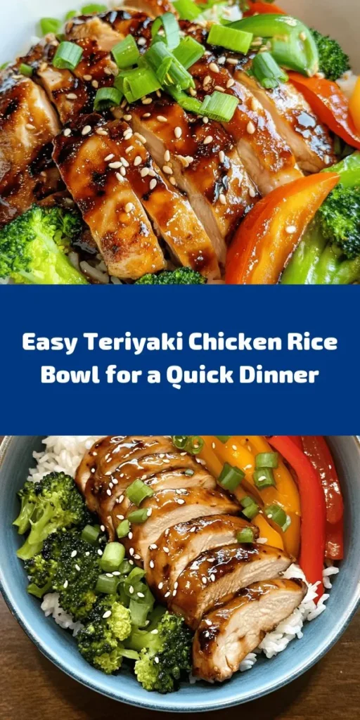 Whip up a delicious Teriyaki Chicken Rice Bowl that's packed with flavor and goodness! Made with tender chicken thighs marinated in a sweet and savory sauce, fluffy jasmine rice, and colorful veggies like bell peppers and broccoli, this recipe is sure to impress. Ready in just an hour, it's perfect for a weeknight dinner or meal prep. Garnish with green onions and sesame seeds for the finishing touch. Dive into this mouthwatering bowl today!