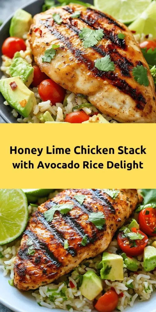 Elevate your dinner game with this Honey Lime Chicken & Avocado Rice Stack! This vibrant dish features marinated grilled chicken topped on a fluffy avocado rice mixture, bursting with fresh cilantro and juicy cherry tomatoes. Perfect for meal prep or a family dinner, it's easy to make and packed with flavor. Serve with lime wedges for a zesty finish. Delicious, healthy, and ready in an hour—what’s not to love? Try this recipe today for a fresh, tasty meal!