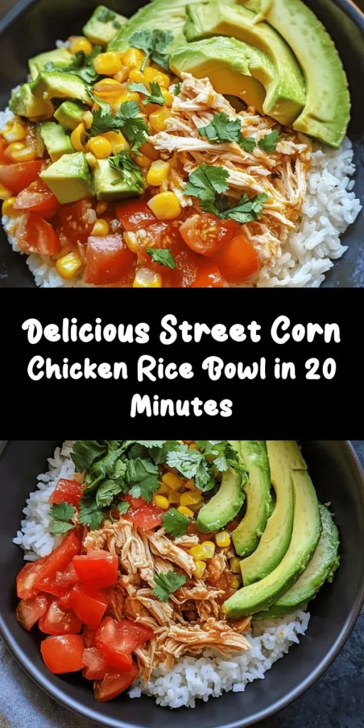 Create a delicious dinner in just 20 minutes with this Easy Street Corn Chicken Rice Bowl! This vibrant dish features a hearty base of rice topped with savory shredded chicken and caramelized corn, all seasoned with chili and garlic. Fresh tomatoes and creamy avocado elevate the flavors, while a sprinkle of cilantro adds a refreshing touch. Serve with lime wedges for a zesty finish. Perfect for busy weeknights or a quick meal!