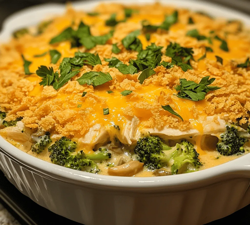 Welcome to the world of comfort food, where flavors meld seamlessly to create dishes that not only satisfy the palate but also nourish the body. One such dish that perfectly exemplifies this is <strong>Cheesy Chicken and Broccoli Delight</strong>. This recipe offers a delightful combination of tender chicken, vibrant broccoli, and a creamy, cheesy sauce that brings warmth and satisfaction to any meal. Whether you’re gathering around the dinner table with family or hosting a casual get-together with friends, this dish is sure to impress and please everyone.” /></p>
</p>
<h3>Melted Butter: Adding Richness and Binding the Topping</h3>
</p>
<p>In this recipe, melted butter plays a crucial role not only in enhancing flavor but also in binding the topping ingredients together. When combined with breadcrumbs and cheese, melted butter creates a deliciously crisp topping that contrasts beautifully with the creamy chicken and broccoli mixture. This element is essential for achieving that irresistible golden-brown crust on top of your Cheesy Chicken and Broccoli Delight.</p>
</p>
<h3>Fresh Parsley: A Touch of Color and Freshness</h3>
</p>
<p>To elevate the presentation and flavor profile of the dish, we’ll finish off with a sprinkle of fresh parsley. This vibrant herb not only adds a pop of color but also a hint of freshness that complements the richness of the casserole. When you serve this dish, a sprinkle of parsley can make all the difference, transforming your family dinner into an appealing culinary experience.</p>
</p>
<h3>Step-by-Step Instructions</h3>
</p>
<h4>Preparing for Success: Preheat the Oven</h4>
</p>
<p>Before diving into the casserole preparation, preheat your oven to 350°F (175°C). Preheating is an essential step in baking; it ensures that your dish cooks evenly and achieves the desired texture. A properly heated oven helps the cheese melt perfectly while allowing the top to crisp up beautifully.</p>
</p>
<h4>Preparing the Casserole Mix</h4>
</p>
<p>Now, let’s get into the heart of the recipe. In a large mixing bowl, combine your cooked chicken, steamed broccoli, cream of chicken soup, sour cream, and seasonings. It’s important to mix these ingredients thoroughly; doing so ensures that every bite is packed with flavor. If you want to add a little extra kick, consider incorporating some garlic powder or a pinch of cayenne pepper into the mixture.</p>
</p>
<p>To ensure an even distribution of flavors, use a spatula to fold the ingredients together gently. This technique helps maintain the integrity of the broccoli florets while ensuring that the chicken is well-coated with the creamy sauce.</p>
</p>
<h4>Transferring to the Baking Dish</h4>
</p>
<p>Once the mixture is well combined, it’s time to transfer it to your prepared baking dish. Make sure to grease the dish with a little cooking spray or butter to prevent sticking. This step is crucial because it not only makes serving easier but also ensures that your delicious creation comes out smoothly without losing any of its components.</p>
</p>
<h4>Adding Cheese and Topping</h4>
</p>
<p>Next, sprinkle half of the shredded cheese over the chicken and broccoli mixture. This layering technique is key to achieving a rich, cheesy flavor throughout the casserole. After you’ve added the cheese, pour the remaining mixture over the top and then finish with the rest of the cheese. For an extra layer of texture, combine breadcrumbs with melted butter and sprinkle this mixture evenly over the top. This final layer will create a delightful crunch when baked.</p>
</p>
<h4>Baking Process</h4>
</p>
<p>Cover the baking dish with aluminum foil to allow the casserole to cook evenly and retain moisture. Bake in the preheated oven for about 25 minutes. After this initial baking period, carefully remove the foil to allow the top to brown and crisp up. Bake for an additional 10-15 minutes, or until the cheese is bubbly and the top is golden brown. Keep an eye on it during the last few minutes to prevent over-browning.</p>
</p>
<h4>Cooling and Garnishing</h4>
</p>
<p>Once your casserole is out of the oven, it’s important to let it cool for about 10 minutes before serving. This resting period allows the flavors to meld and makes it easier to serve. After cooling, garnish with freshly chopped parsley for an appealing touch. This simple addition not only enhances the visual appeal but also brings a fresh flavor that balances the richness of the dish.</p>
</p>
<h3>Serving Suggestions</h3>
</p>
<p>Cheesy Chicken and Broccoli Delight is a versatile dish that pairs well with various sides. For a well-rounded meal, consider serving it alongside a crisp green salad dressed with a light vinaigrette. The freshness of the salad complements the richness of the casserole beautifully. Alternatively, crusty bread or garlic bread can be a fantastic accompaniment, perfect for scooping up any leftover cheese sauce.</p>
</p>
<p>If you want to switch things up, consider trying different variations of this dish. You can swap out the chicken for turkey or even use shredded rotisserie chicken for convenience. Adding different vegetables, such as bell peppers or carrots, can enhance the nutritional value and flavor profile. You might also experiment with different types of cheese—cheddar, Monterey Jack, or even a blend of your favorites can add a unique twist to the dish.</p>
</p>
<p>For a more sophisticated presentation, serve the casserole in individual ramekins. This not only makes for a more elegant dining experience but also allows each guest to have their portion, making it easier for serving.</p>
</p>
<h3>Storage and Reheating</h3>
</p>
<p>To ensure that your Cheesy Chicken and Broccoli Delight remains delicious after the initial meal, it’s important to store leftovers properly. Allow the casserole to cool completely, then transfer it to an airtight container. You can store it in the refrigerator for up to 3-4 days. For longer storage, consider freezing the casserole. Just make sure to wrap it tightly in plastic wrap and then cover it with aluminum foil to prevent freezer burn.</p>
</p>
<p>When it comes time to reheat, the oven is your best friend. Preheat your oven to 350°F (175°C), cover the casserole with foil to retain moisture, and bake for about 20-25 minutes or until heated through. If you’re in a hurry, you can also reheat individual portions in the microwave; just be sure to cover the dish to retain moisture and heat in short bursts to avoid drying it out.</p>
</p>
<h3>Conclusion</h3>
</p>
<p>Cheesy Chicken and Broccoli Delight is not just a satisfying meal; it’s a wholesome dish that brings families together. Packed with protein from the chicken and nutrients from the broccoli, this casserole offers a balanced meal that everyone will love. The combination of creamy sauce and crunchy topping provides a delightful texture contrast that makes each bite enjoyable.</p>
</p>
<p>Encouraging you to try this recipe is easy; it’s a reliable choice for busy weeknights or for impressing guests at a dinner party. The joy of sharing home-cooked meals with loved ones is unmatched, and this dish embodies that spirit perfectly. So gather your ingredients, follow the steps, and prepare to delight your family and friends with this comforting casserole. Enjoy the process and the wonderful aromas that will fill your kitchen as you create your Cheesy Chicken and Broccoli Delight!</p>
<div id=