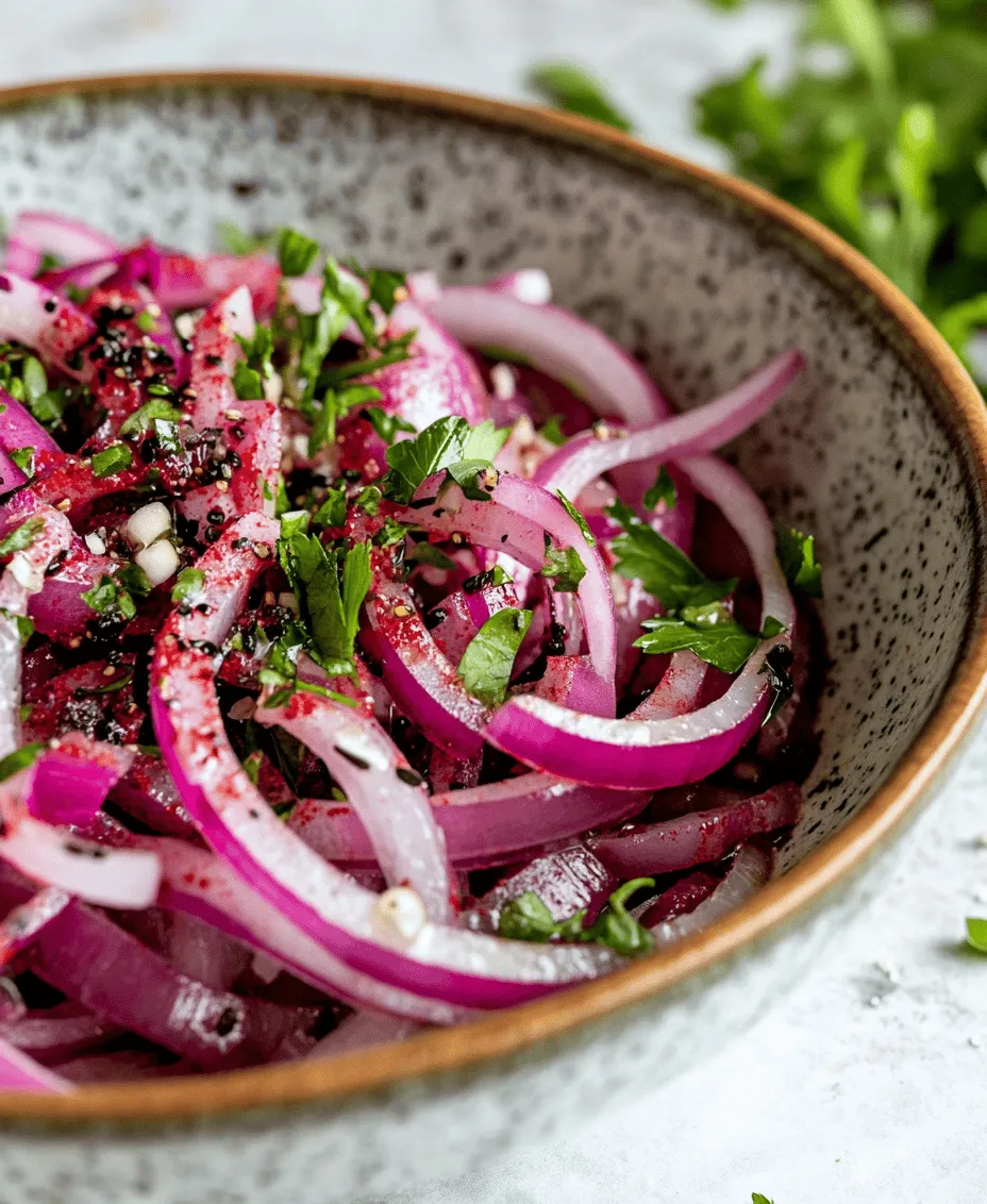 Zesty Sumac Onions with a Twist is a vibrant dish that showcases the bold flavors of Middle Eastern cuisine. This recipe highlights the tangy essence of sumac combined with the sweetness of caramelized red onions, creating a delightful topping or side that can elevate a variety of meals. Whether served alongside grilled meats, as a topping for salads, or simply enjoyed on their own, these onions bring a unique zest to the table that is both refreshing and incredibly appetizing.