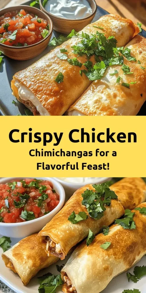 Indulge in these crunchy chicken chimichangas for a delicious meal that’s sure to impress! With a filling of shredded chicken, refried beans, and melted cheddar, these golden fried tortillas are packed with flavor. Serve them hot with salsa and sour cream, and garnish with fresh cilantro for that perfect touch. Get ready for a fun and satisfying dinner that's easy to make in just 30 minutes! Perfect for family nights or gatherings!