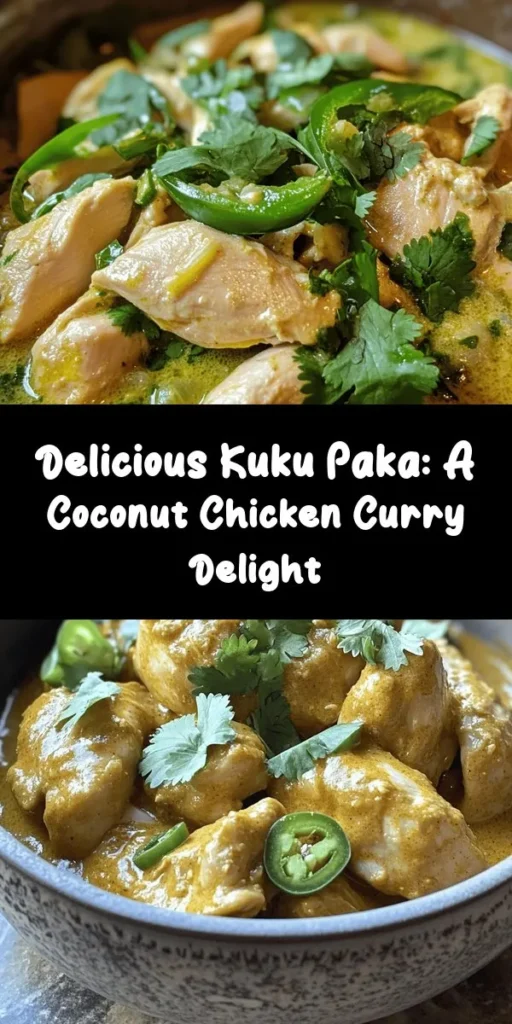 Indulge in the rich flavors of Savory Kuku Paka Delight! This delicious chicken dish combines tender marinated chicken with a blend of spices, creamy coconut milk, and fresh herbs. Perfect for a weeknight dinner or a special gathering, it's easy to prepare and satisfying. Serve it with rice or chapati for a complete meal. With just a bit of prep and an hour of cooking, you’ll create a dish that will impress everyone at your table!