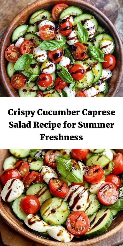 Enjoy a burst of freshness with this Cucumber Caprese Salad! This vibrant dish combines crunchy cucumbers, juicy cherry tomatoes, and creamy mozzarella balls, all tossed with fragrant basil and drizzled with rich olive oil and balsamic glaze. Perfect as a light lunch or a refreshing side dish, this salad is ready in just 15 minutes. Dive into the delightful flavors that will brighten up your table and tantalize your taste buds!
