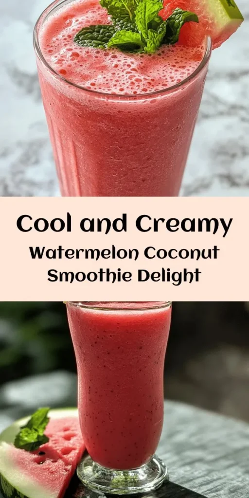 Beat the heat with this refreshing Watermelon Smoothie featuring hydrating coconut water! Perfect for summer, this easy recipe blends fresh watermelon, banana, and a splash of lime juice for a burst of flavor. Optional Greek yogurt adds creaminess, while honey or agave syrup sweetens it to your liking. Garnish with mint for an extra touch. Enjoy this delightful drink in just 10 minutes, serving 2-3 people. Perfect for any occasion!